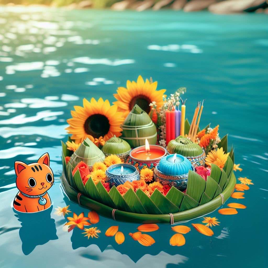 A cat floating in water with flowers and candles
Description automatically generated
