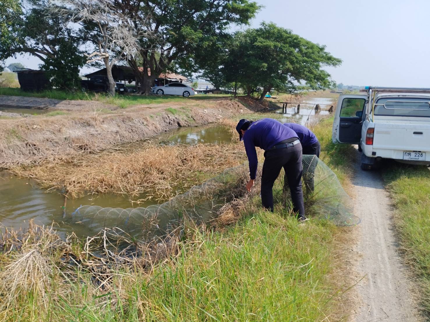 A couple of men cleaning a pond

Description automatically generated