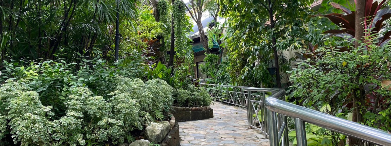 A stone path with a metal railing and trees

AI-generated content may be incorrect.