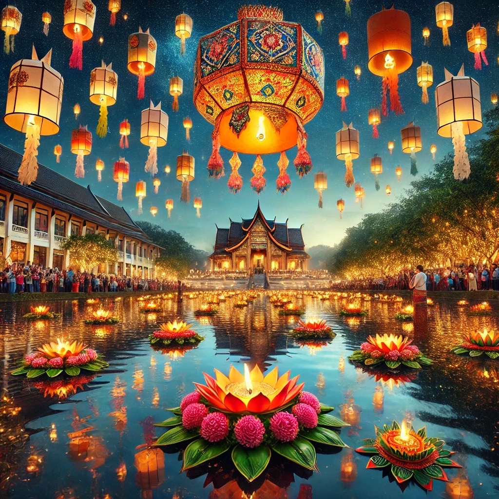 Lanterns floating lanterns and flowers in a pond
Description automatically generated